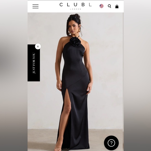 BLACK SATIN HALTER-NECK MAXI DRESS WITH FLOWER CORSAGE - Picture 2 of 3